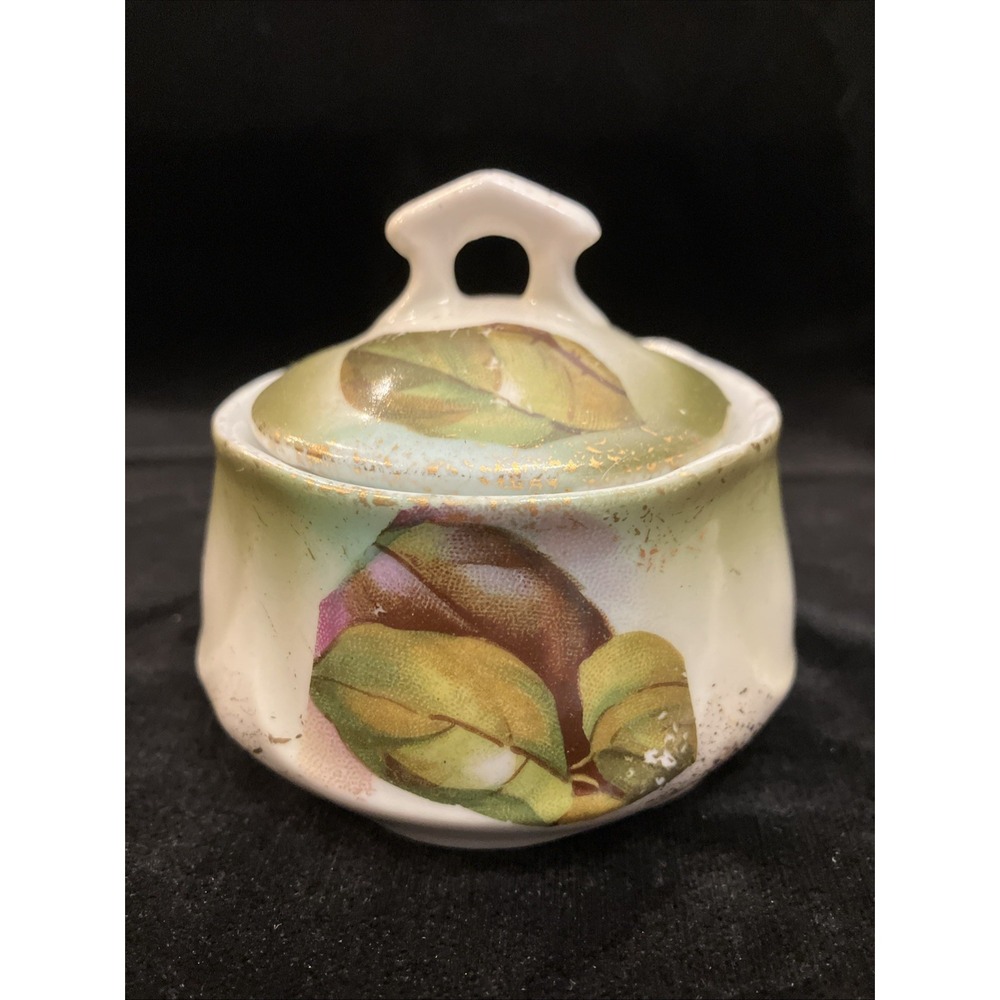 Bavaria Porcelain Hand Painted Floral Green Gold Sugar Bowl W Lid Germany VTG